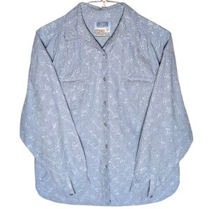 Vintage Chambray Embroidered Eyelet Floral Button-Up Shirt QPS Light Blue Size M